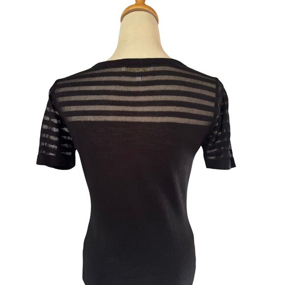 Cache Black Top Alternating Peek A Boo Sheer Stripe Shoulders Sleeves Stretch - Picture 3 of 4